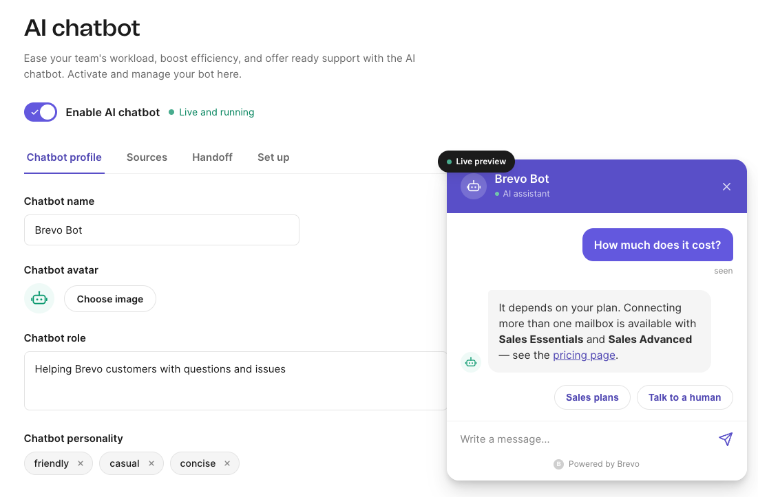 Brevo AI chatbot answering a customer question in a website chat widget