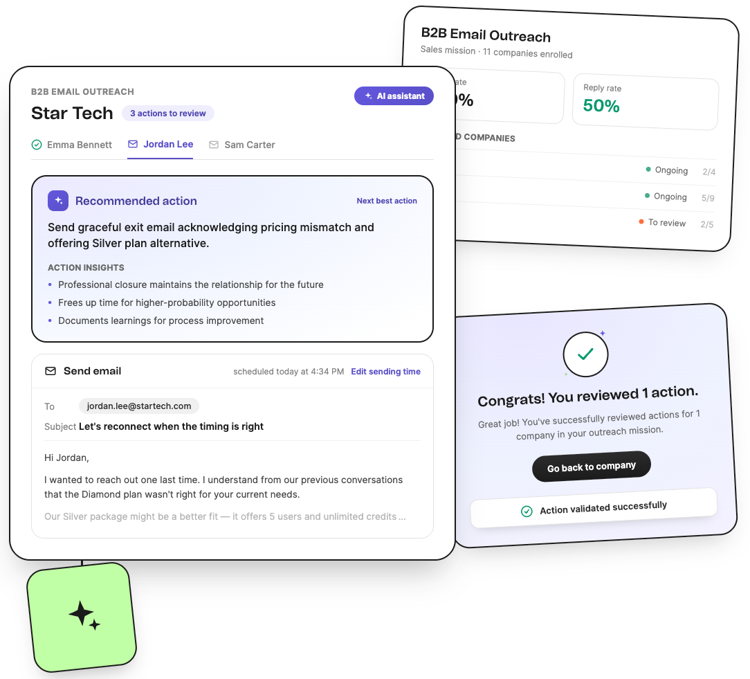 AI Sales Missions showing a recommended next best action and an AI-drafted outreach email