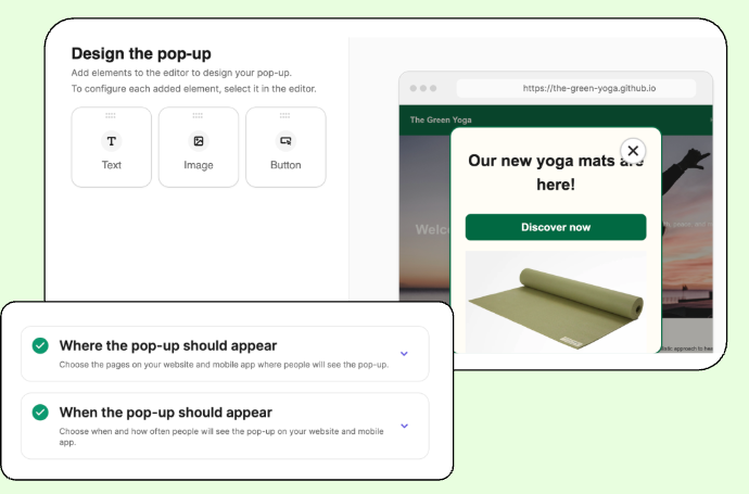 Brevo pop-up designer with a live preview of a promotional pop-up on a website